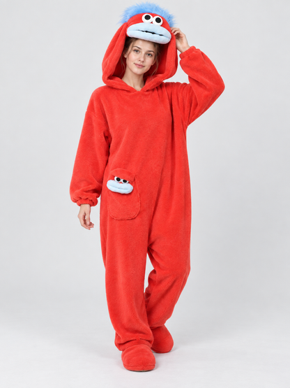 Red Home Jumpsuit Pajama with a Puffy Face