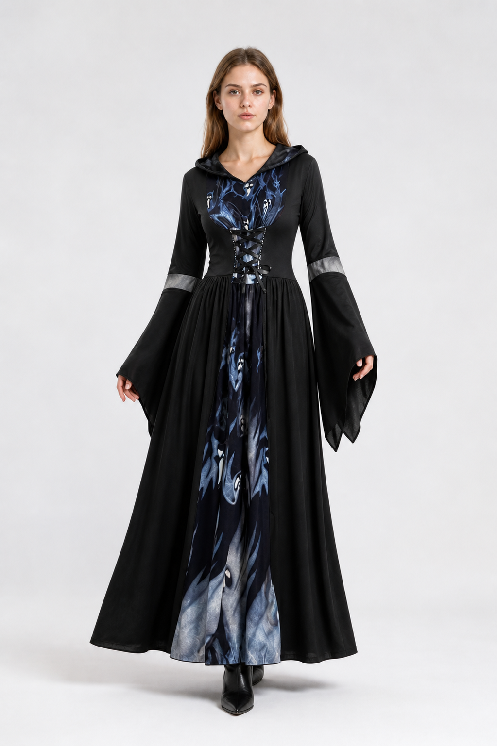 Skull-Print Hooded Dress with Lace-Up Front Costume Dresses detail 2