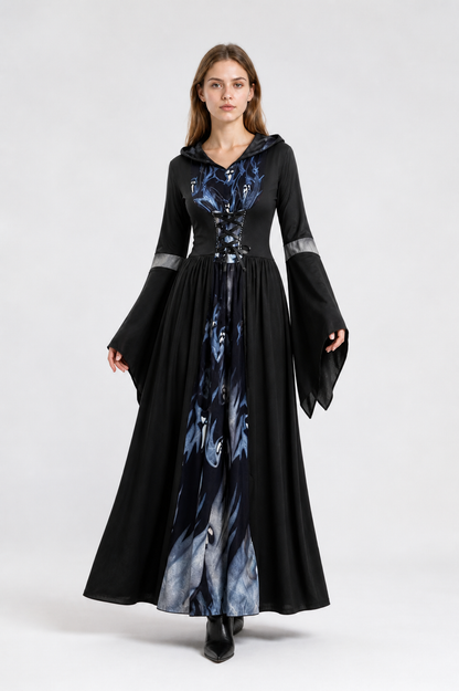 Skull-Print Hooded Dress with Lace-Up Front Costume Dresses detail 2