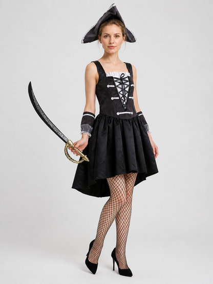 Pirate Dress with Corset, Black with White Trim Costume Dresses detail 2