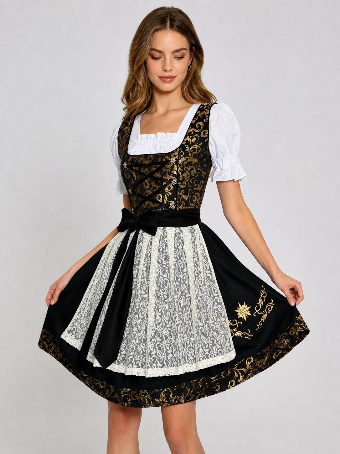 Dirndl Dress with Apron, Black and Gold, S–XXXL