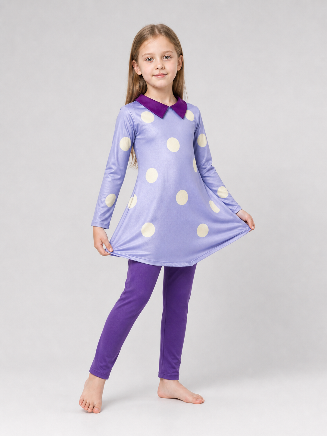A bright costume set in the style of the character from Inside Out 2 is designed for a themed look and an eye-catching transformation. The set includes a long-sleeve tunic dress, matching leggings, and a headpiece with the character’s face 