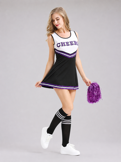 Cheerleading Costume with Dress, Bow, and Pom-Poms