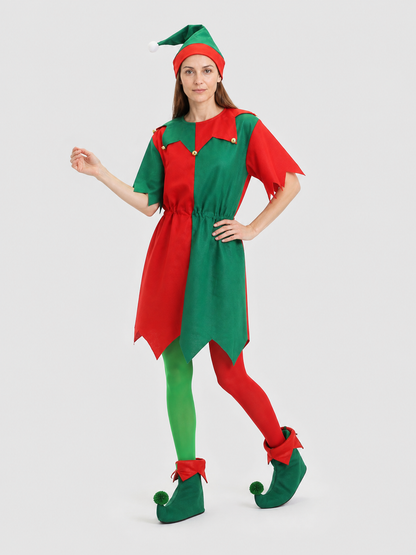 Christmas Elf Costume with Hat, Red and Green Costume Headwear detail 2
