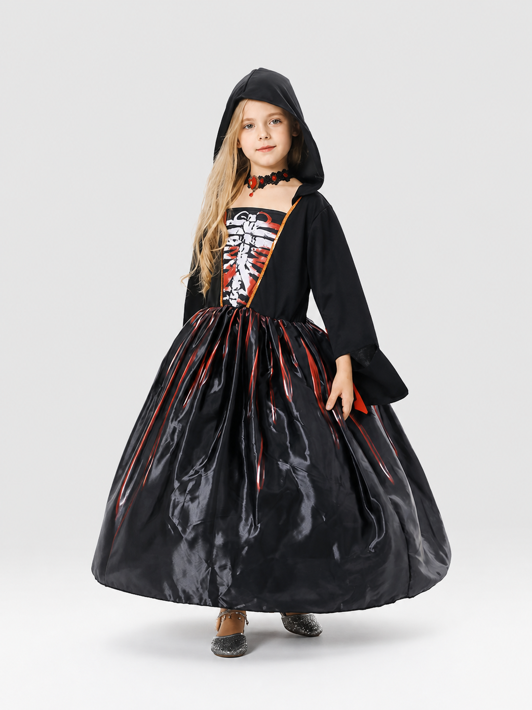 Halloween Dress with Skull and Red Stripes, Hood Costume Dresses detail 2