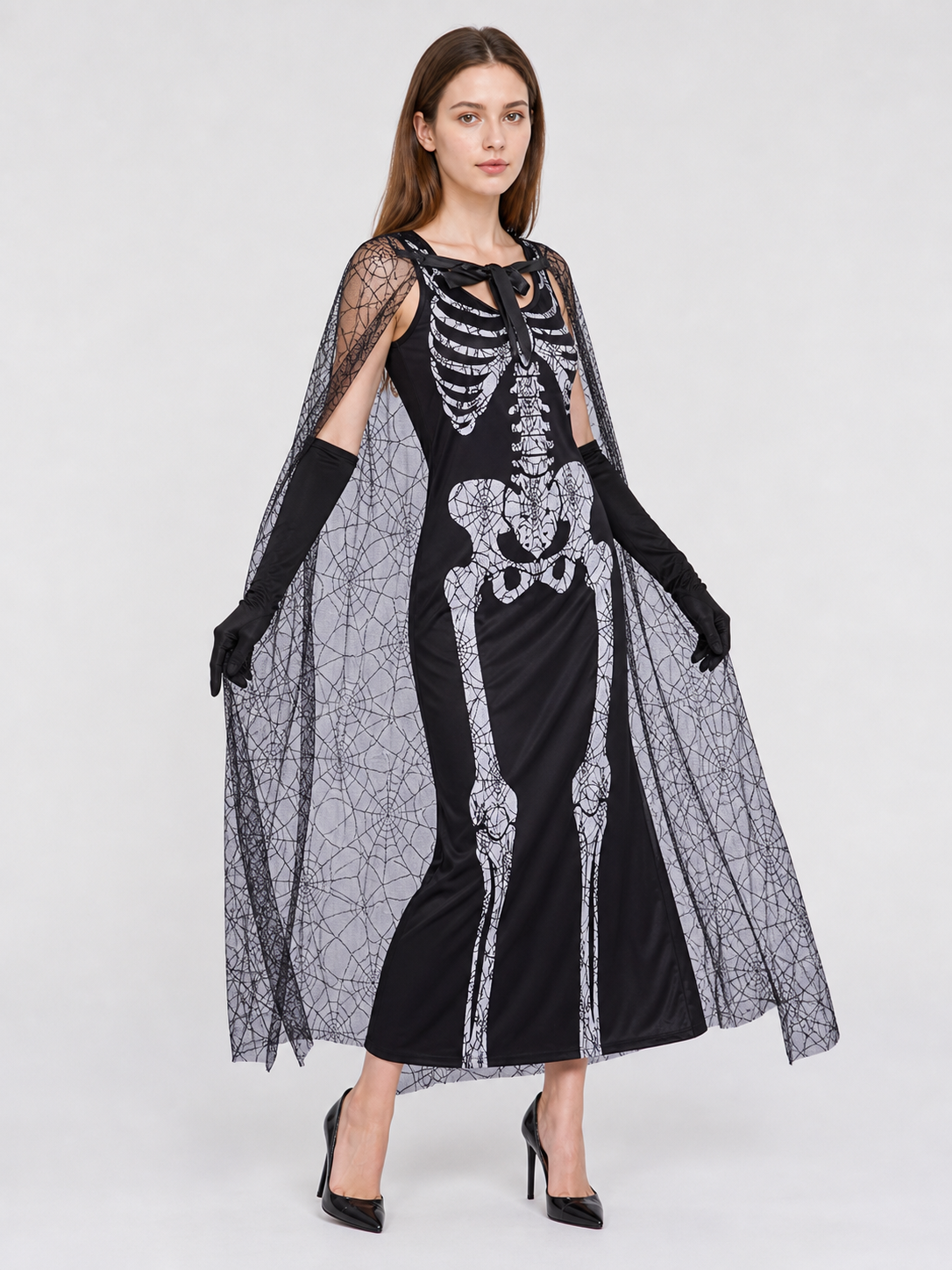 Gothic-style Halloween costume with dress and accessories: a black sleeveless