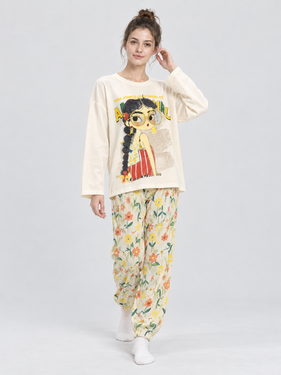 Pajama Set with Long-Sleeve Top and Long Pants with Cartoon Print