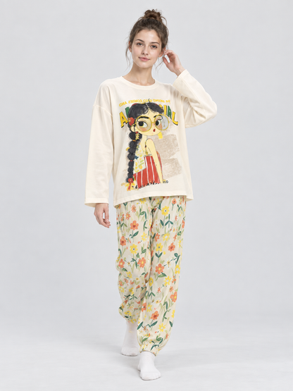 Pajama Set with Long-Sleeve Top and Long Pants with Cartoon Print