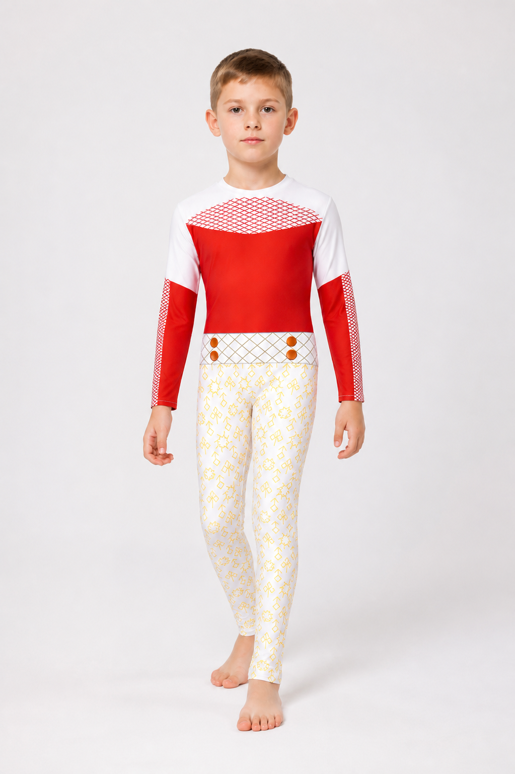 Zombie High Cosplay Jumpsuit in Red, White, and Yellow on-model alternate view