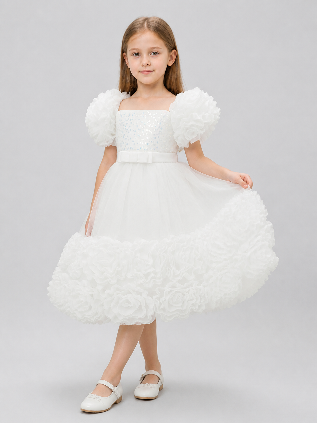 Princess Dress with Sequins, Full Skirt, and Puff Sleeves