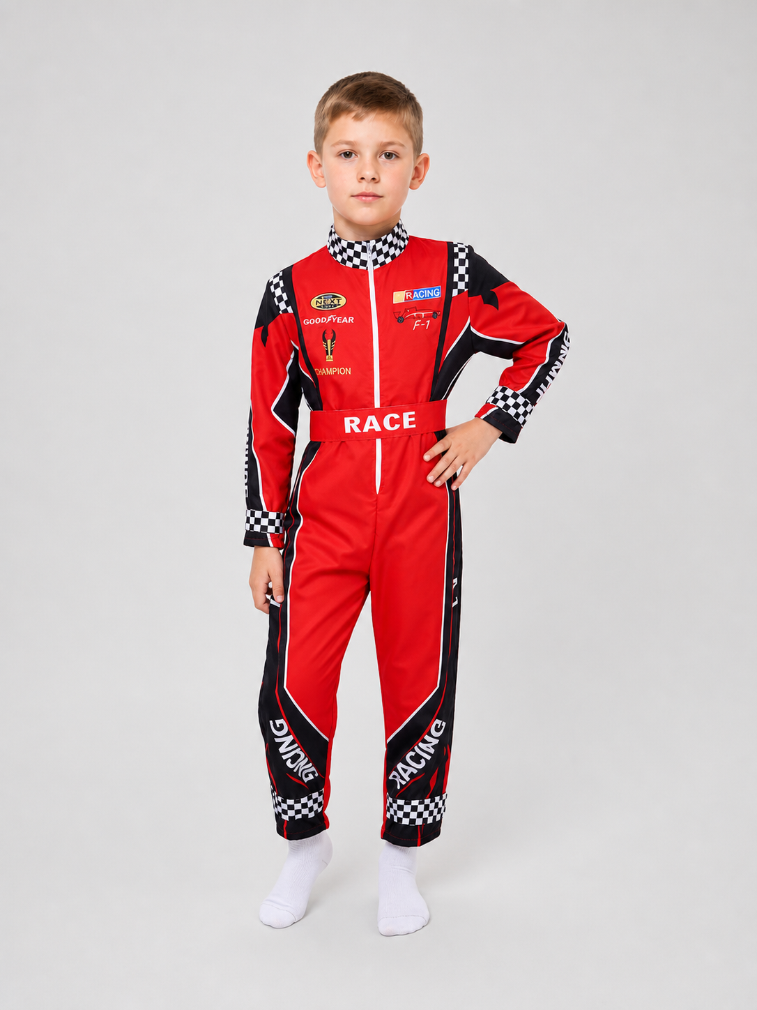 Racing Jumpsuit with Belt, Red, White, and Black product detail 2