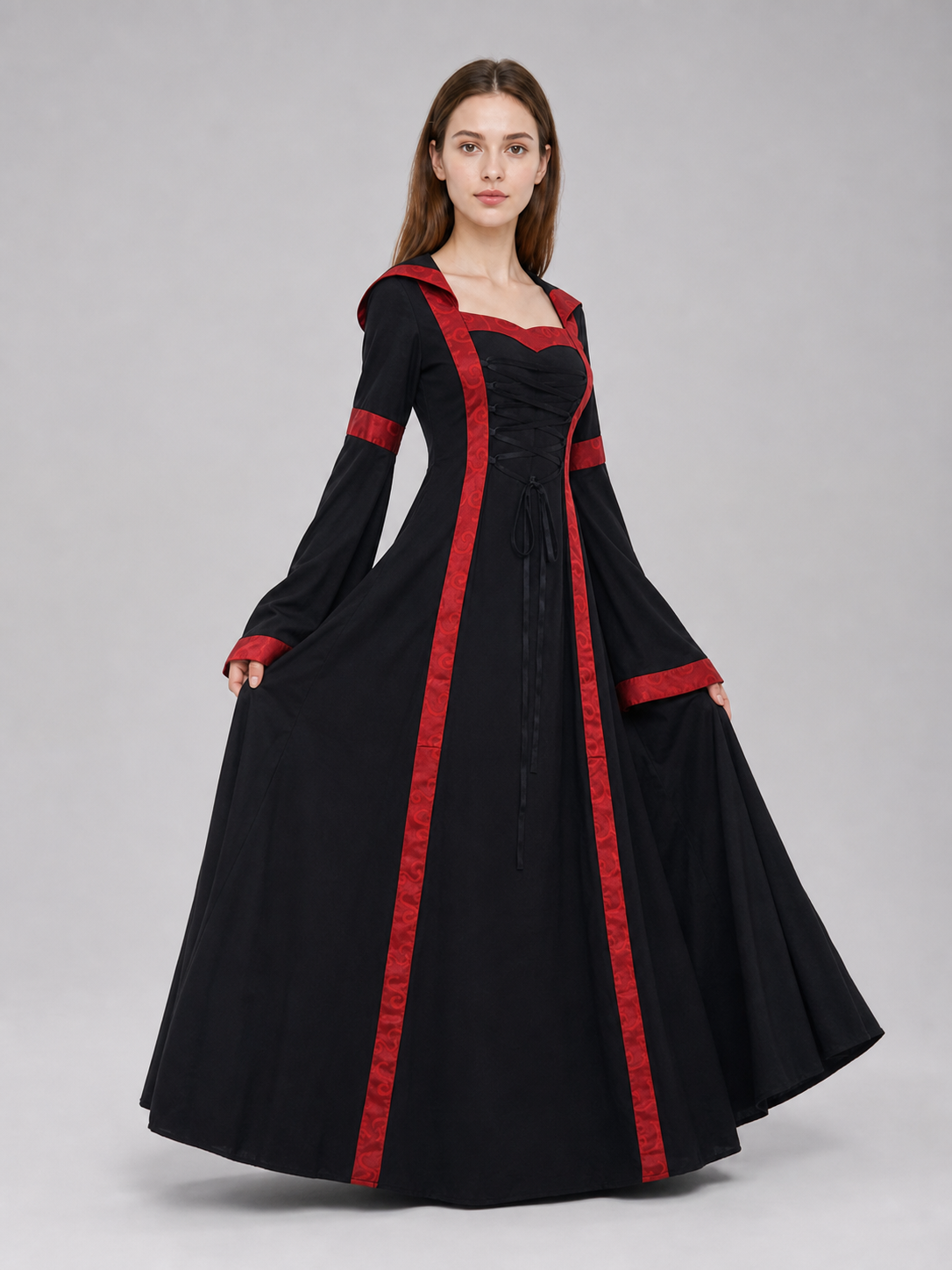 Gothic Vintage Hooded Dress with Lace-Up Detail