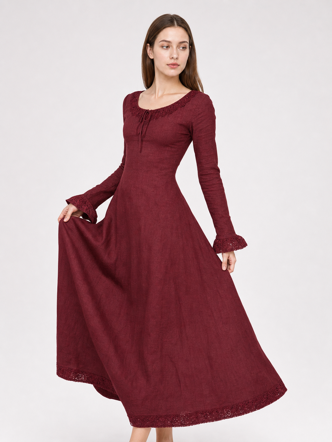 Vintage Burgundy Maxi Dress with Long Sleeves
