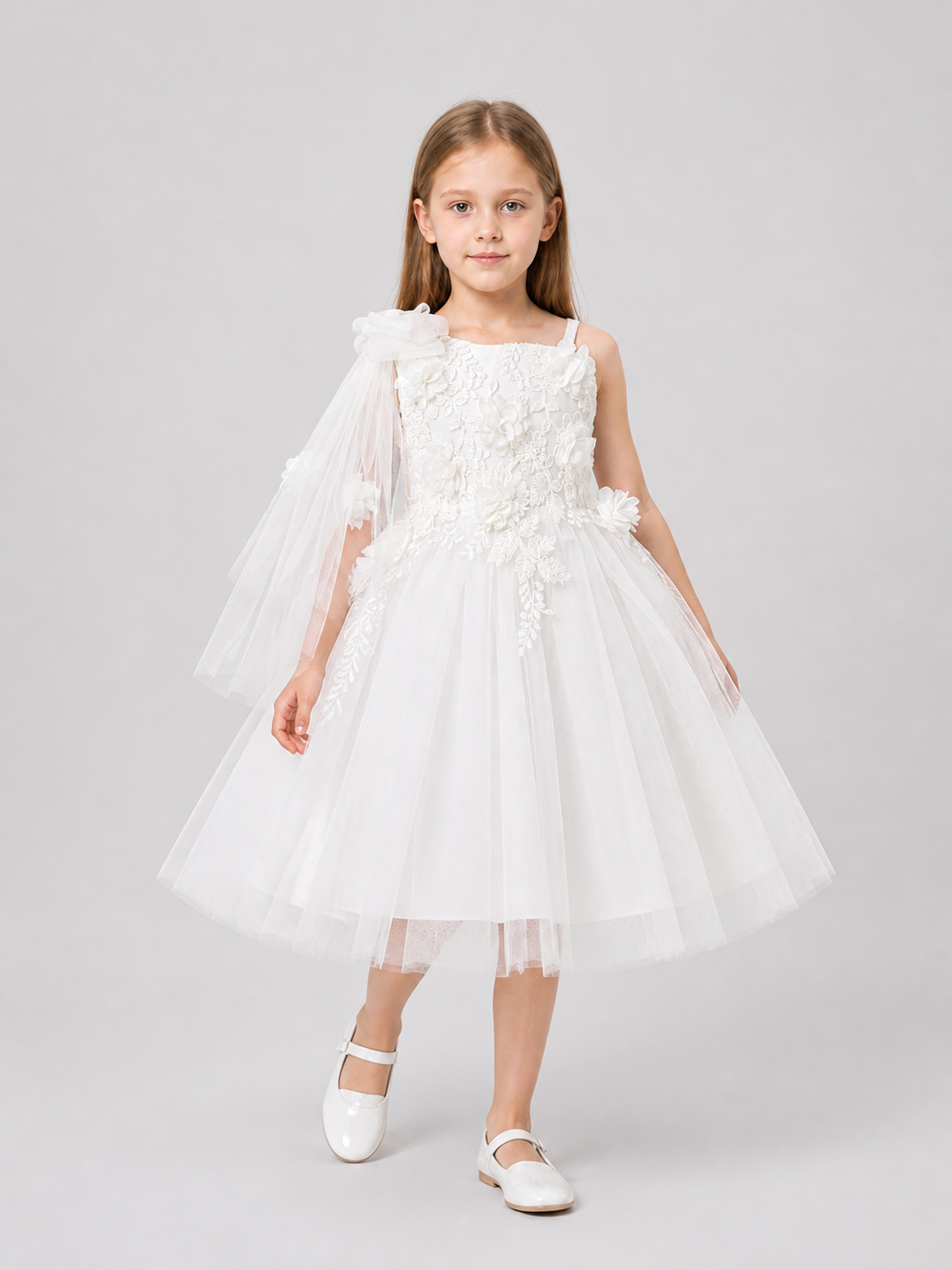 White Full Dress with Lace Embroidery and Flowers Costume Dresses detail 2