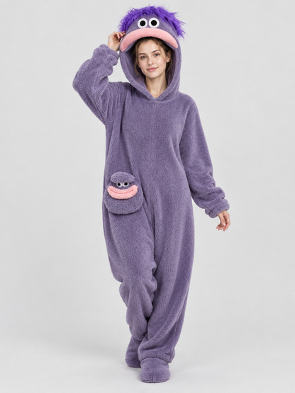 Purple Pajama Jumpsuit with Cartoon Hood