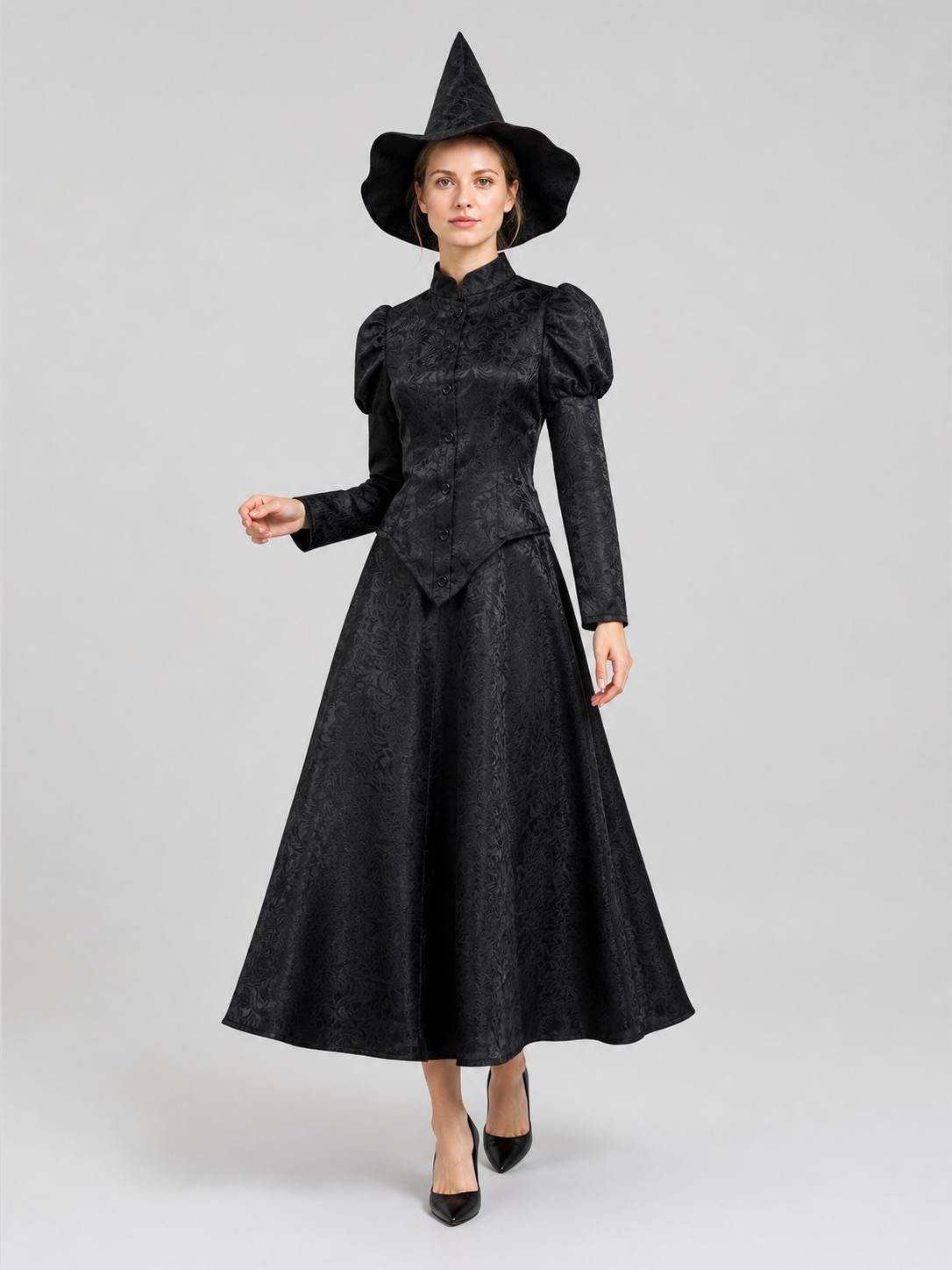 Black Elphaba Costume with Pointed Hat and Puff Sleeves Costume Headwear detail