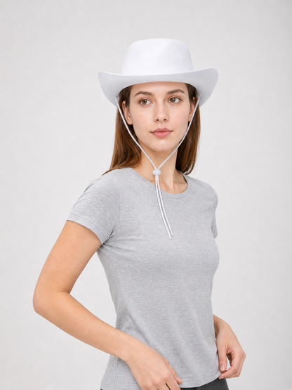 White Cowboy Hat with a Wide Brim and Chin Tie