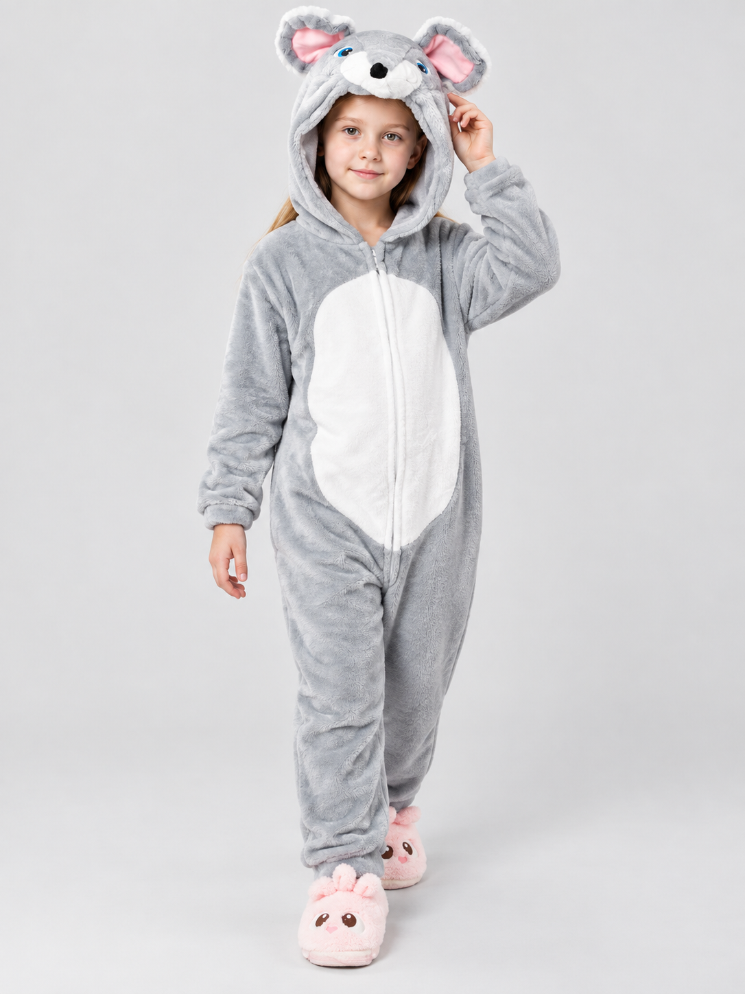 Gray Insulated Hooded Pajama Jumpsuit with Animal Face