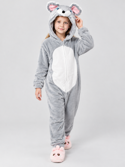 Gray Insulated Hooded Pajama Jumpsuit with Animal Face
