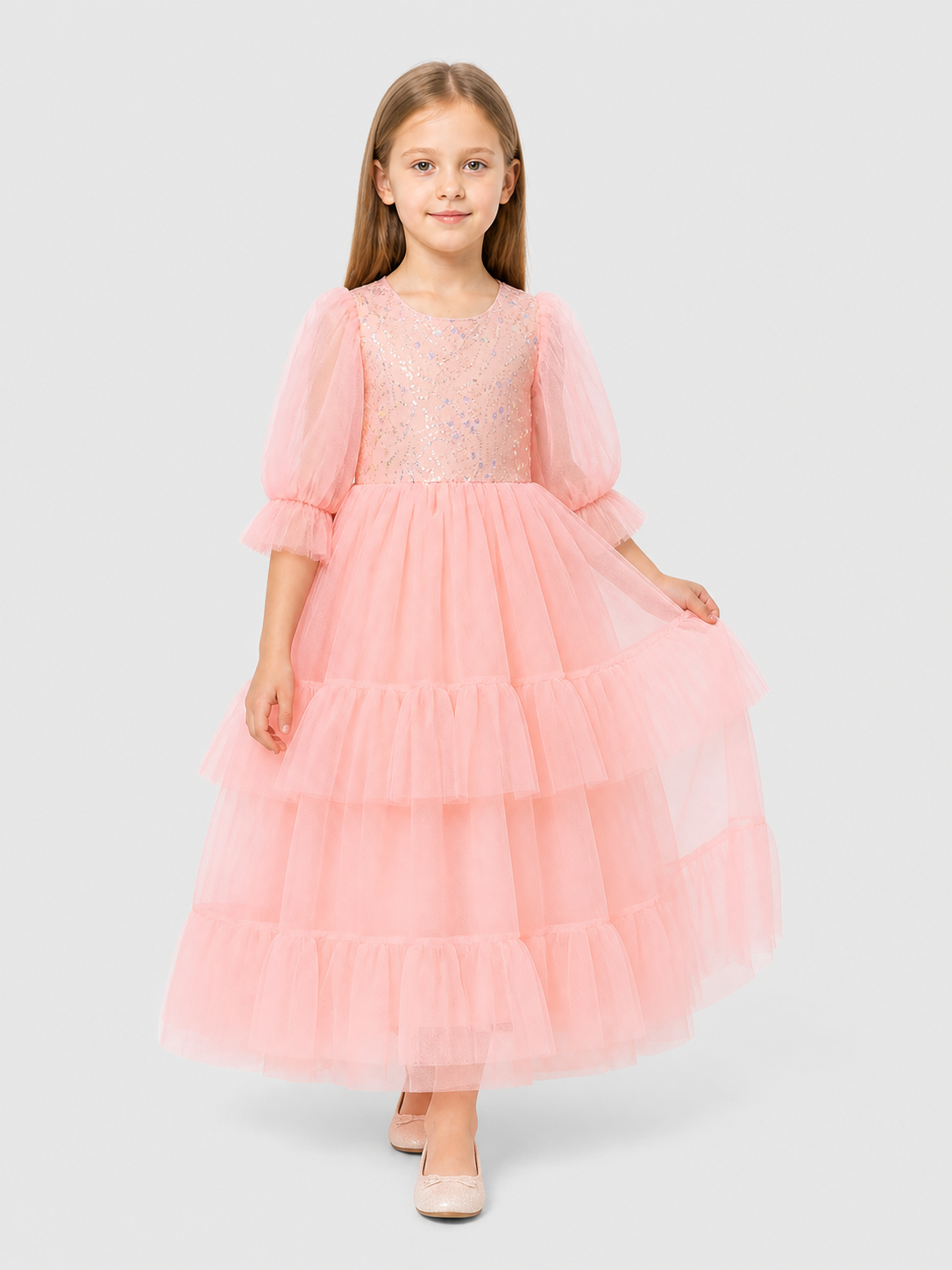 Pink Sequined Dress with a Full Skirt and Ruffles Costume Dresses detail 2