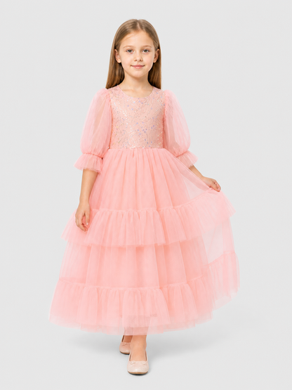Pink Sequined Dress with a Full Skirt and Ruffles Costume Dresses detail 2