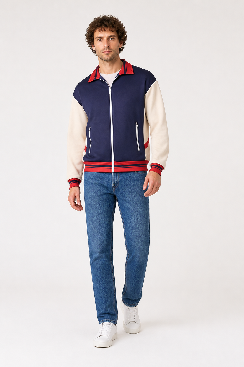Zip-Up Bomber Jacket with Red Stripes