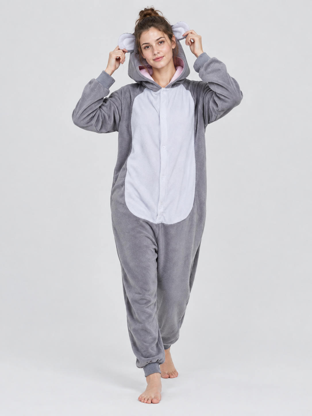 Gray Fleece Hooded Pajama Jumpsuit with Animal Face Hood