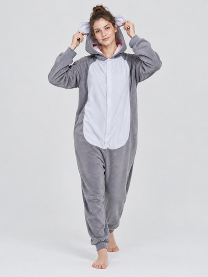 Gray Fleece Hooded Pajama Jumpsuit with Animal Face Hood