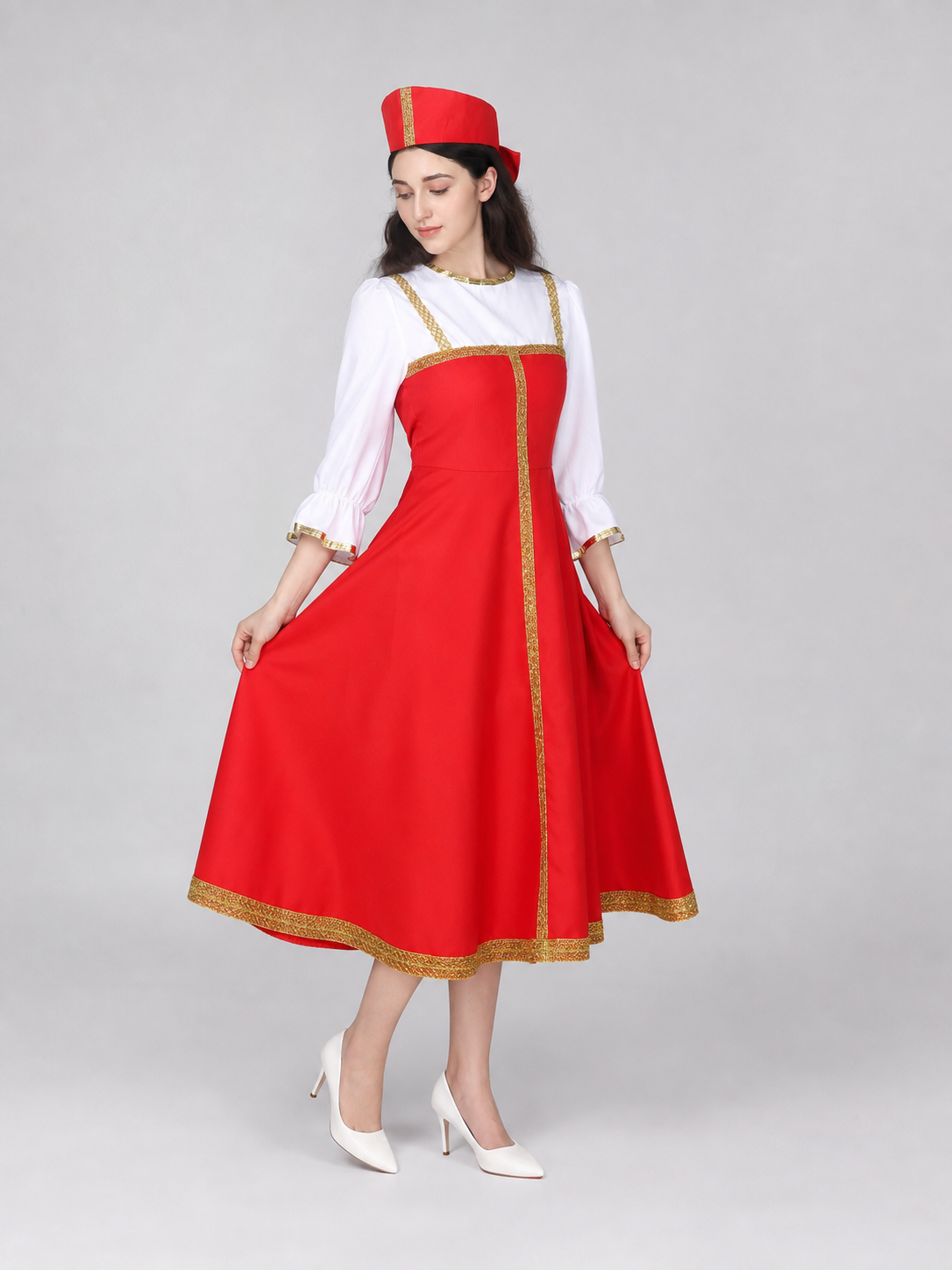 Russian Folk Midi Dress with Hat