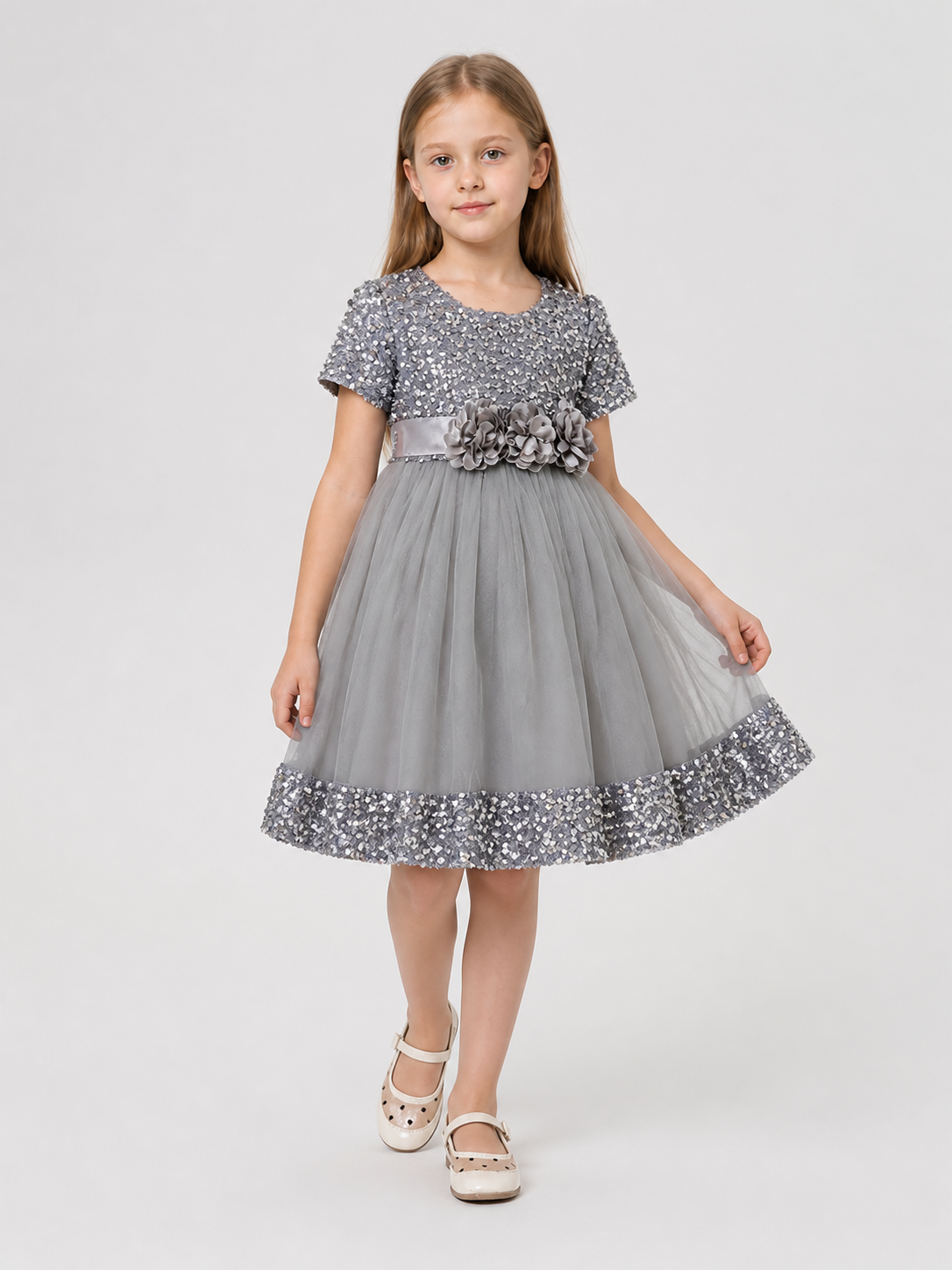 Dressy Sequin Dress with 3D Flowers and Full Skirt