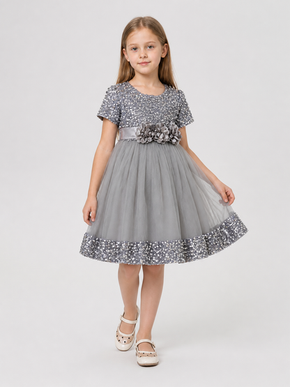 Dressy Sequin Dress with 3D Flowers and Full Skirt