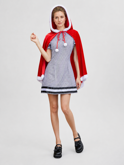Red Plaid Dress with Hooded Cape