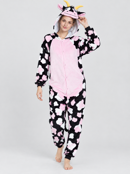 Hooded Pajama Jumpsuit with Cow Face