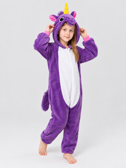 Purple Hooded Pajama Jumpsuit with Horn and Ears