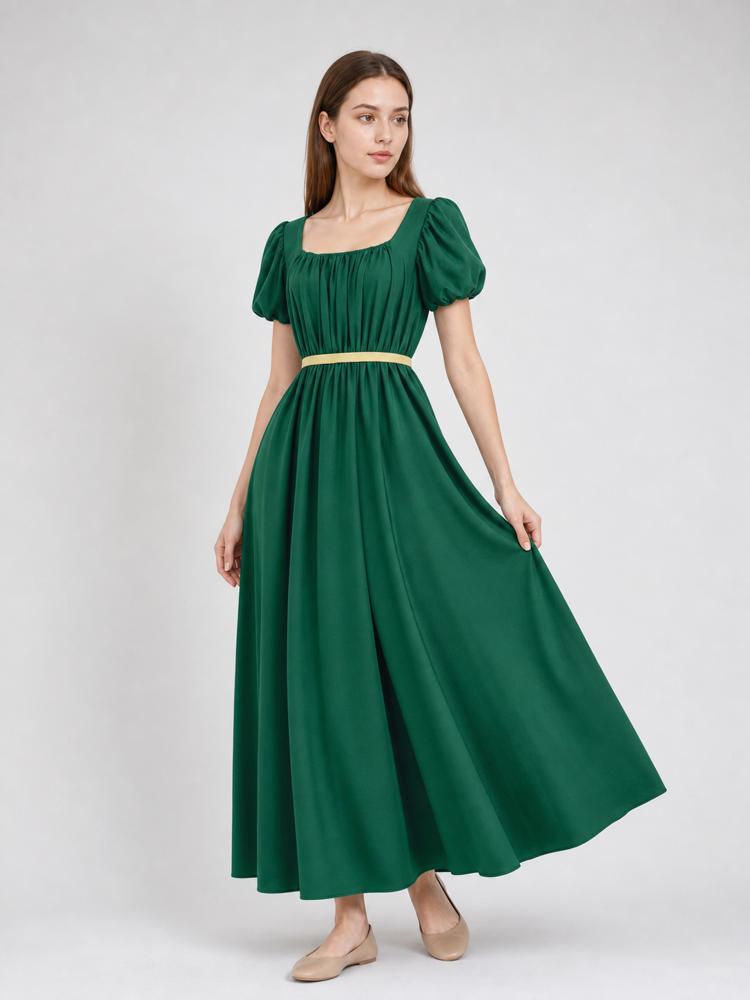 Bridgerton-Style Dress with Belt, Green