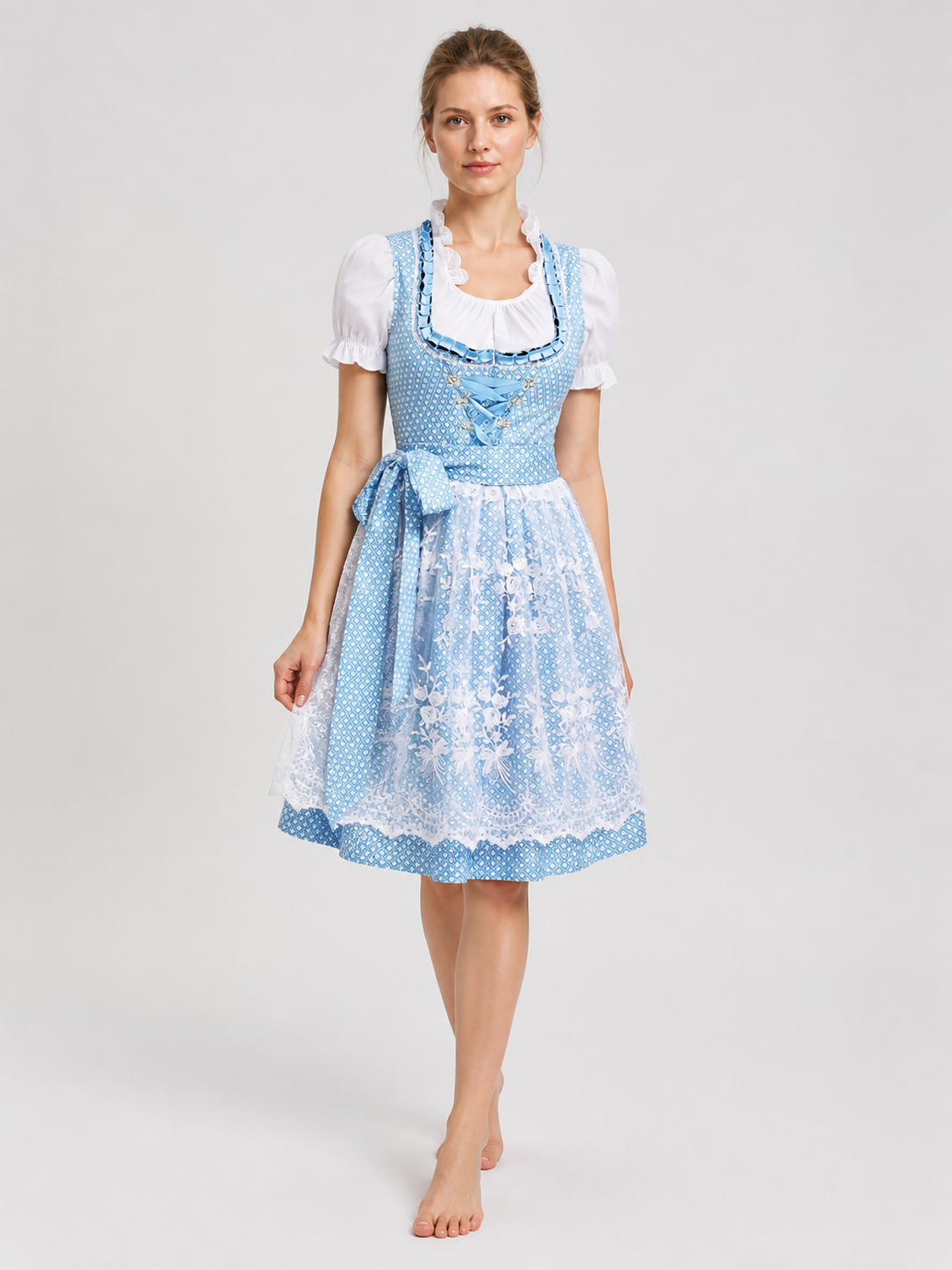 Blue and White Bavarian-Style Dress with Lace Trim Costume Dresses detail 2