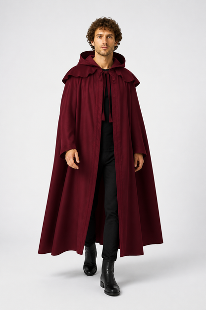 Long Burgundy Gothic Hooded Cloak Costume Capes detail 2