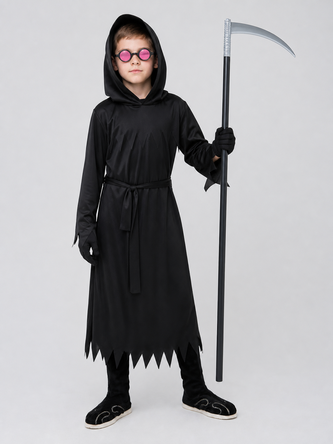 Skeleton Costume: Black Hooded Robe with Scythe