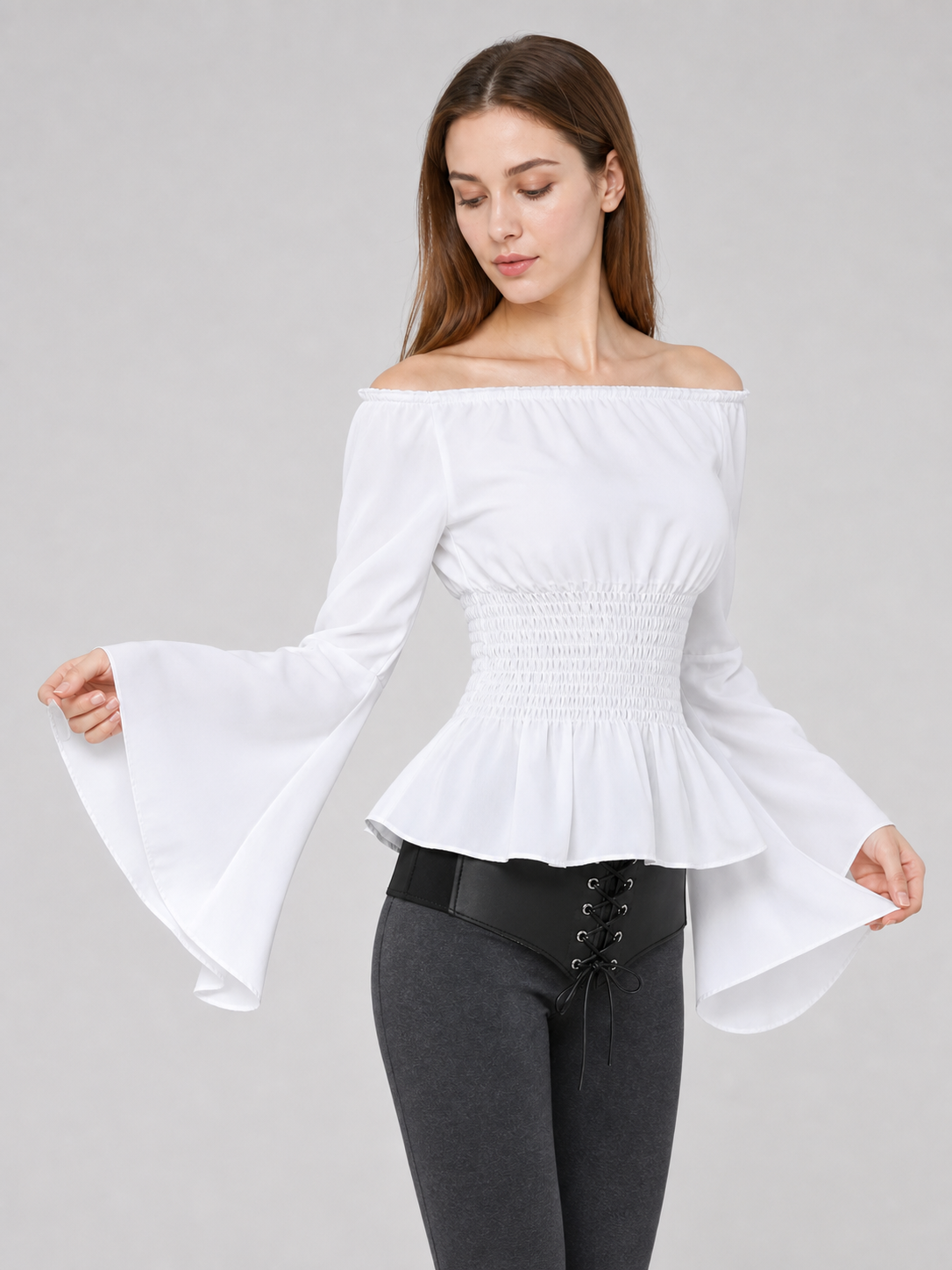 Off-the-Shoulder Blouse with Belt, Vintage Style