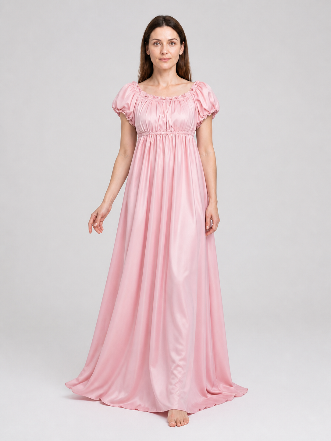 Pink Long Bridgerton Ball Gown with Puff Sleeves Costume Dresses detail 2