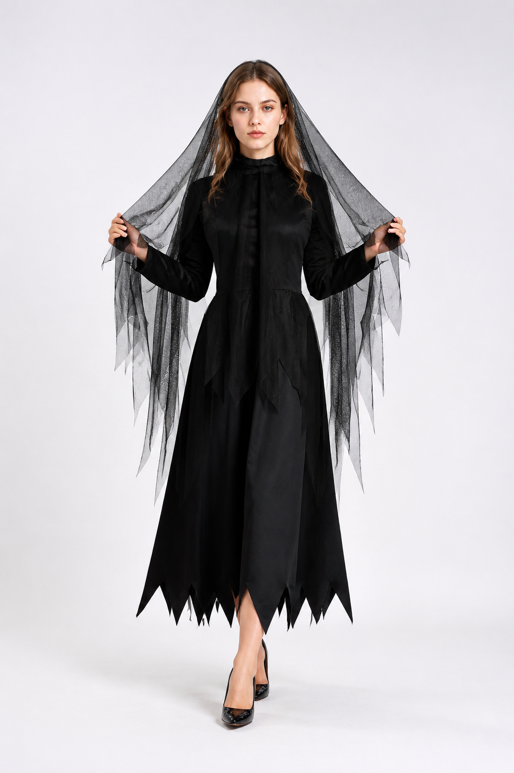 Black Long Hooded Cape with Torn Hem Costume Capes detail