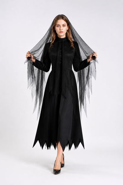 Black Long Hooded Cape with Torn Hem Costume Capes detail