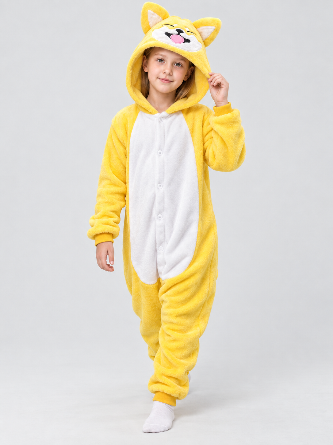Yellow Flannel Pajama Jumpsuit with Hood and Ears