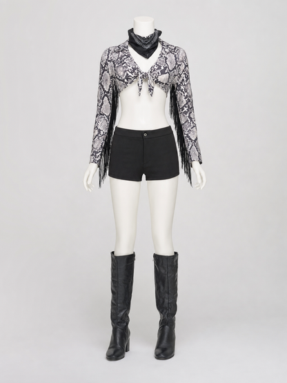 Cropped Jacket with Snakeskin Print and Fringe