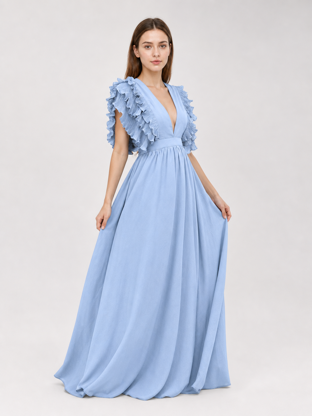 Light Blue Maxi Dress with a Plunging V-Neckline