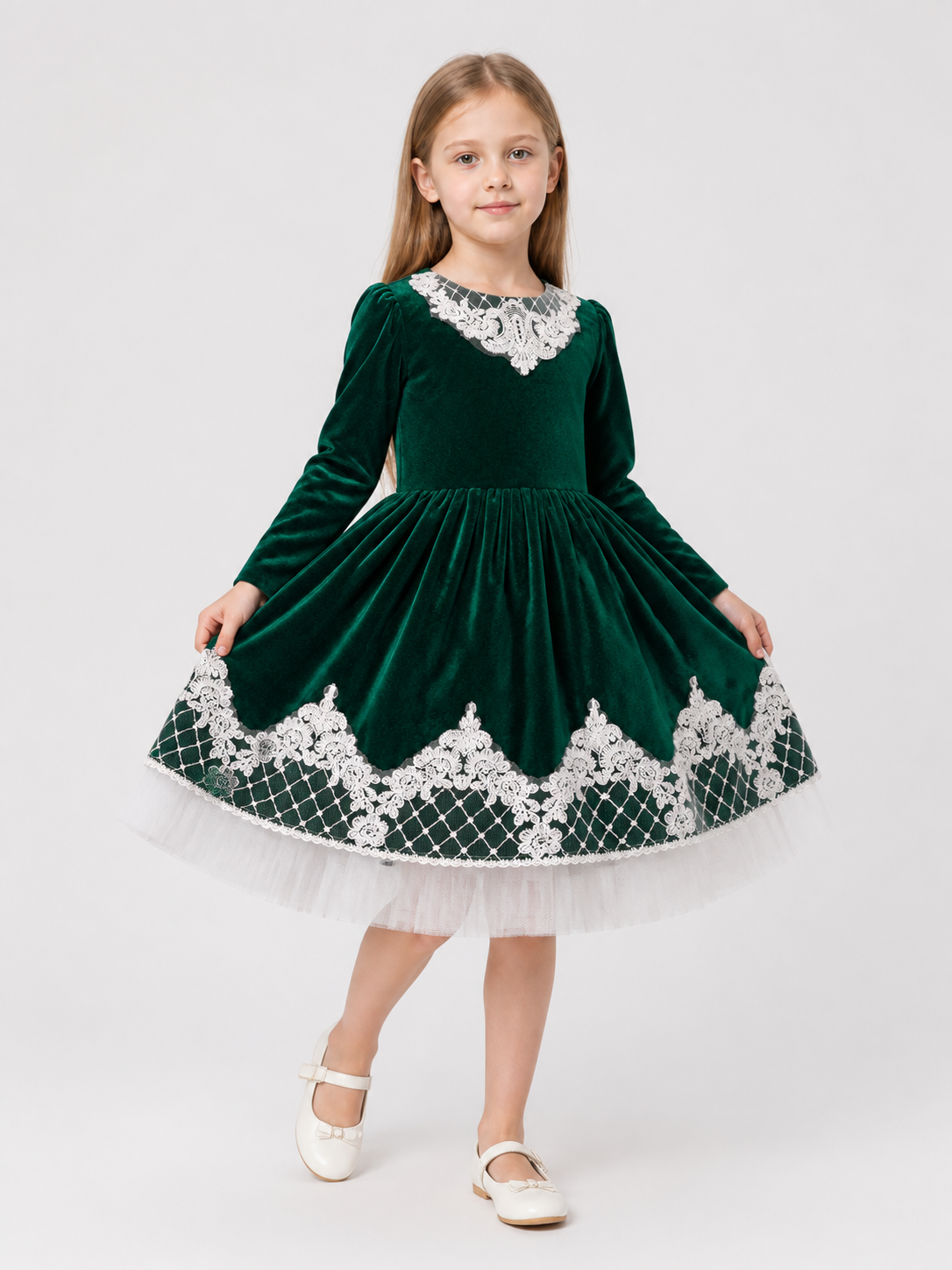 Elegant Long-Sleeve Green Dress with Tulle Costume Dresses detail 2