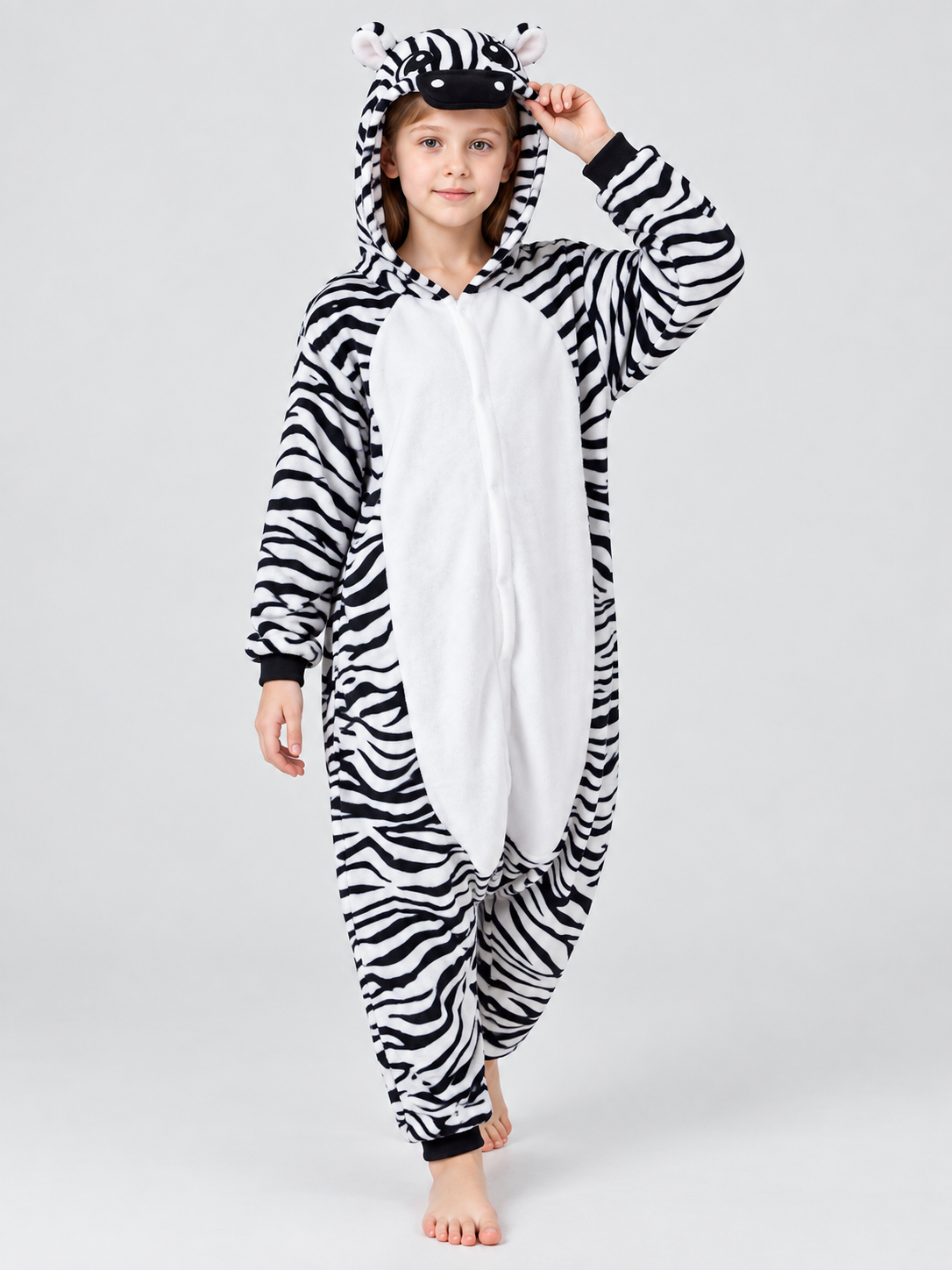 Zebra-Print Hooded Pajama Jumpsuit