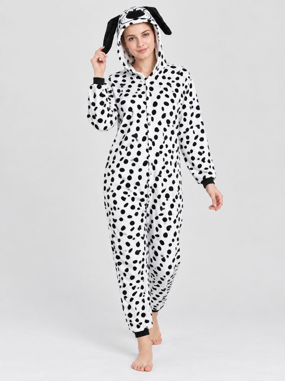 Pajama Jumpsuit with Dog-Face Hood and Black Spots