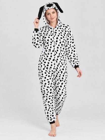 Pajama Jumpsuit with Dog-Face Hood and Black Spots