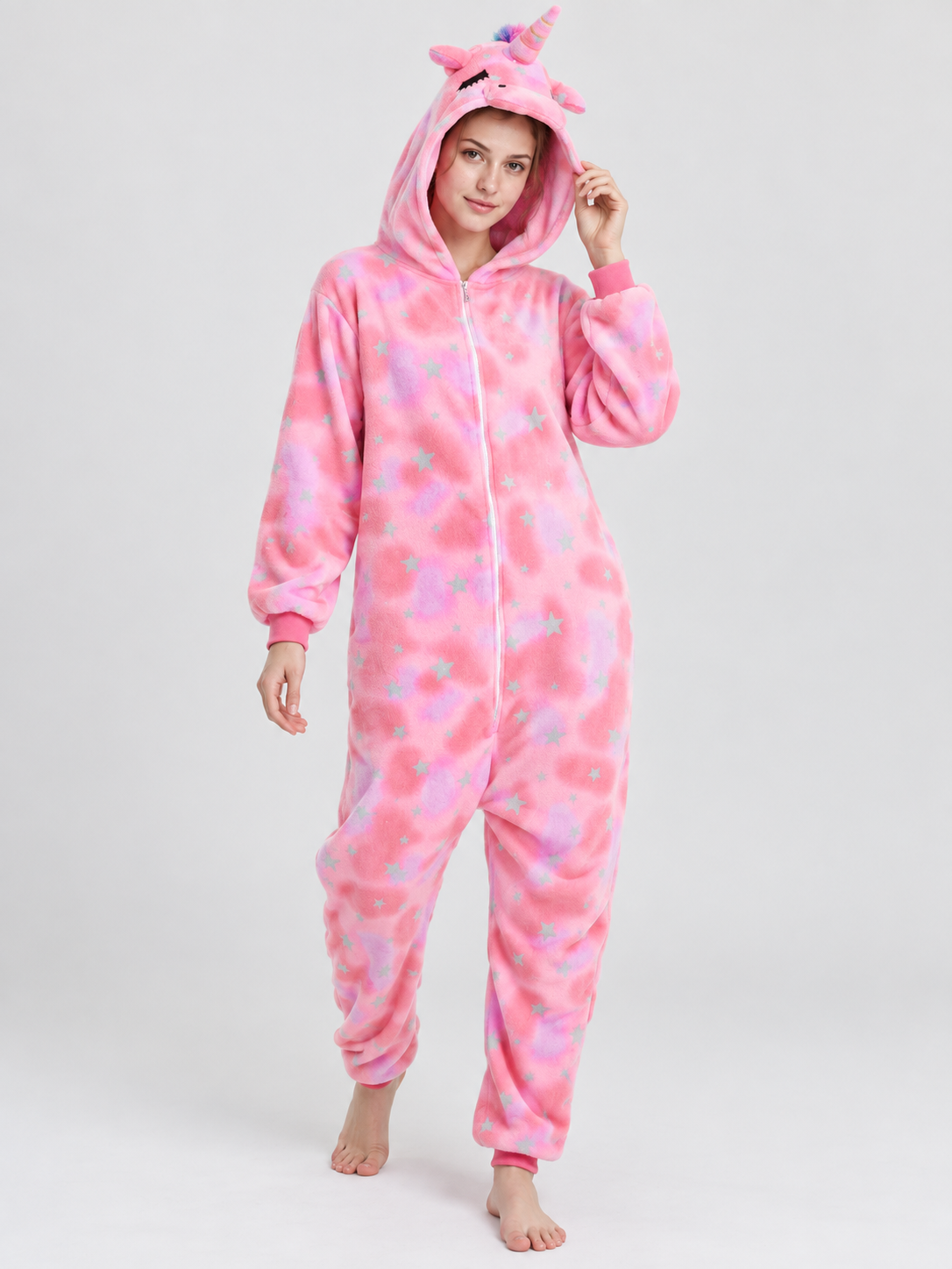 Pink Plush Hooded Unicorn Pajama Jumpsuit